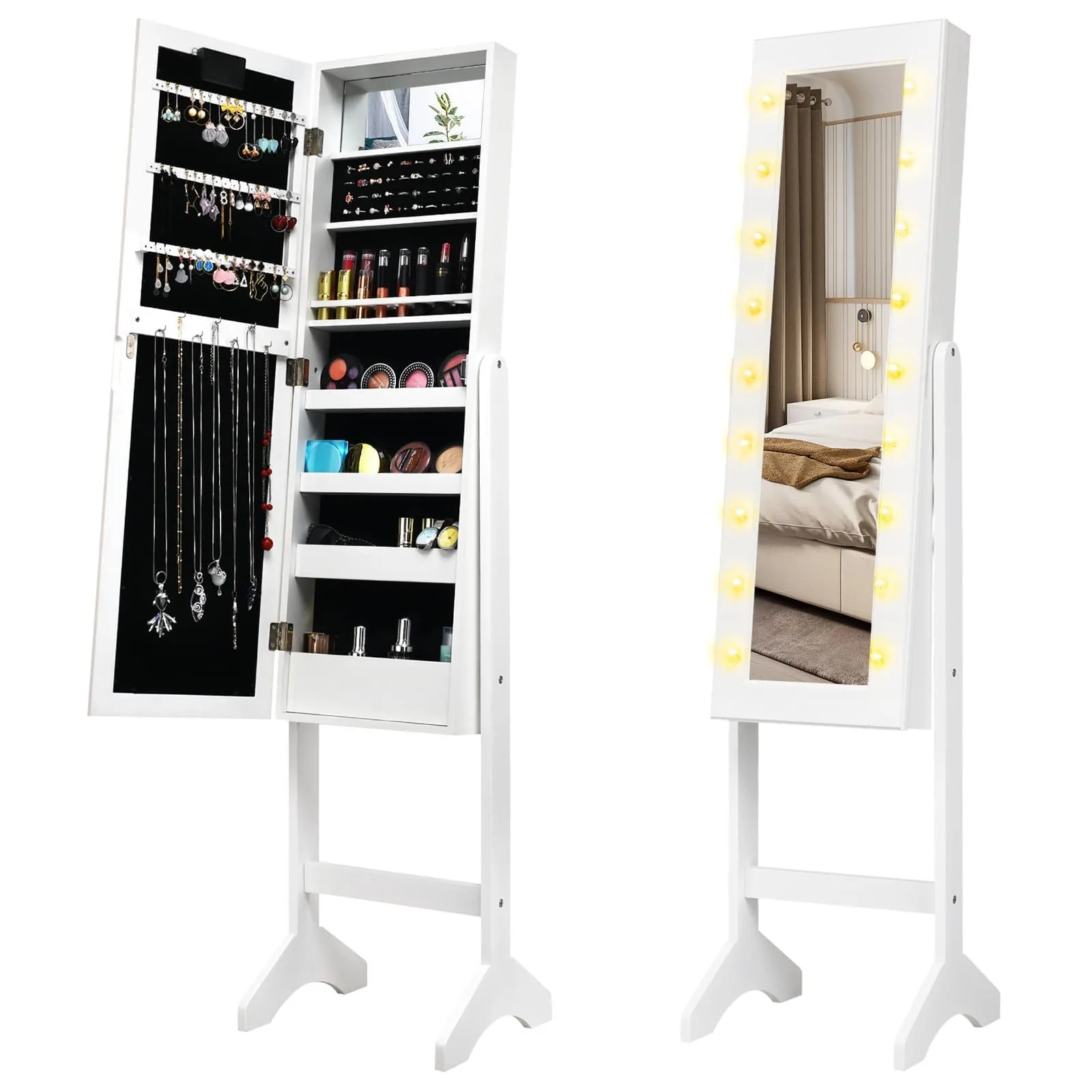 18 LEDs Jewelry Cabinet Full-length Mirror Organizer Adjustable Angle