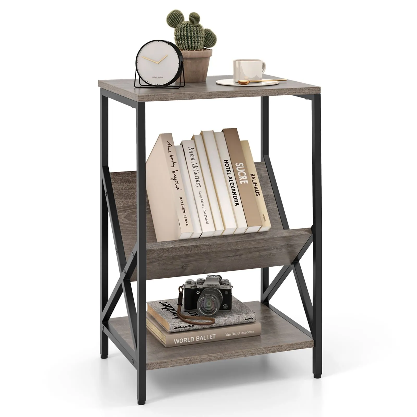 Side Table 3-Tier End Table V-Shaped Magazine Holder With Metal Frame