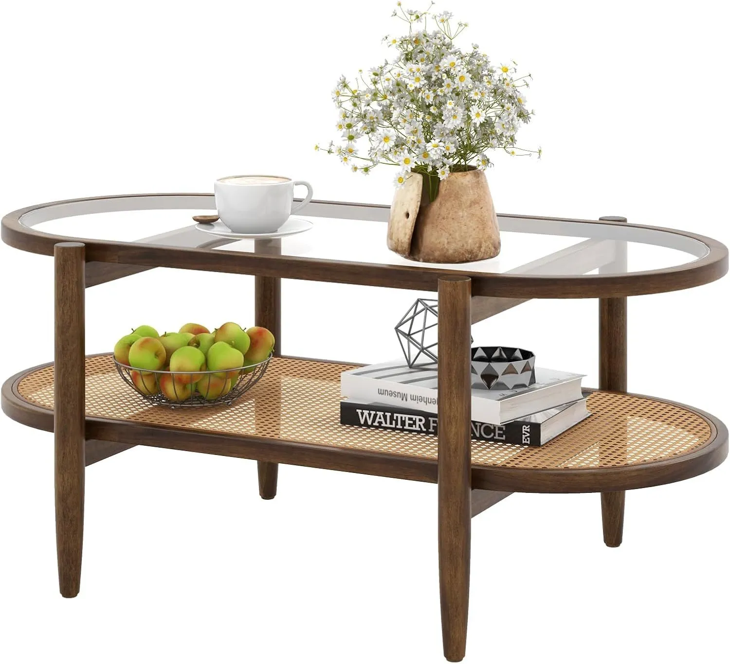 2-Tier Coffee Table PE Rattan Tempered Glass Tabletop Acacia Wood Leg