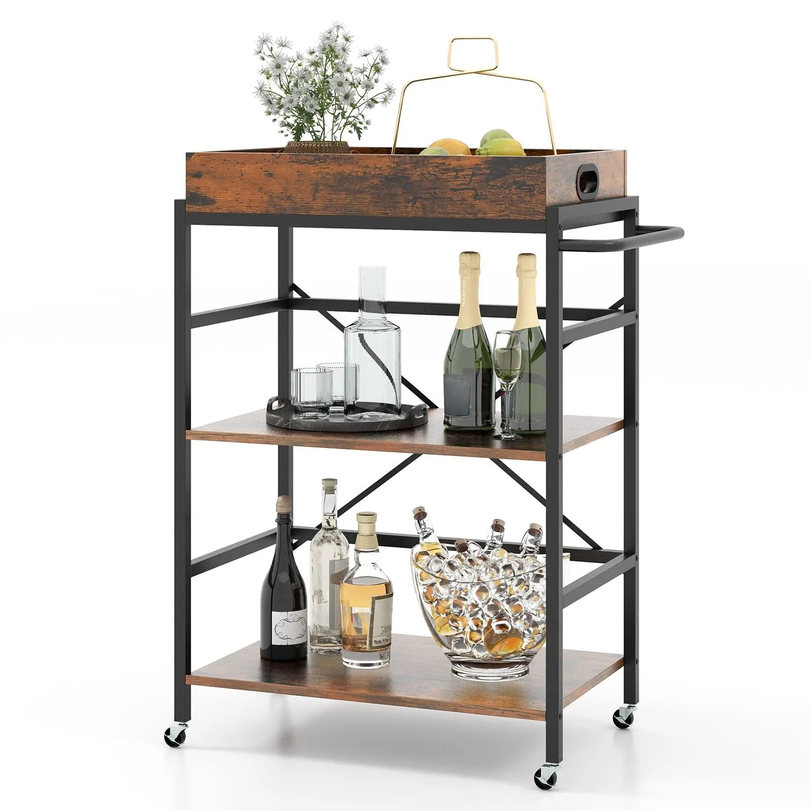 3-Tier Bar Cart Serving Cart Kitchen Utility Cart With Detachable Tray
