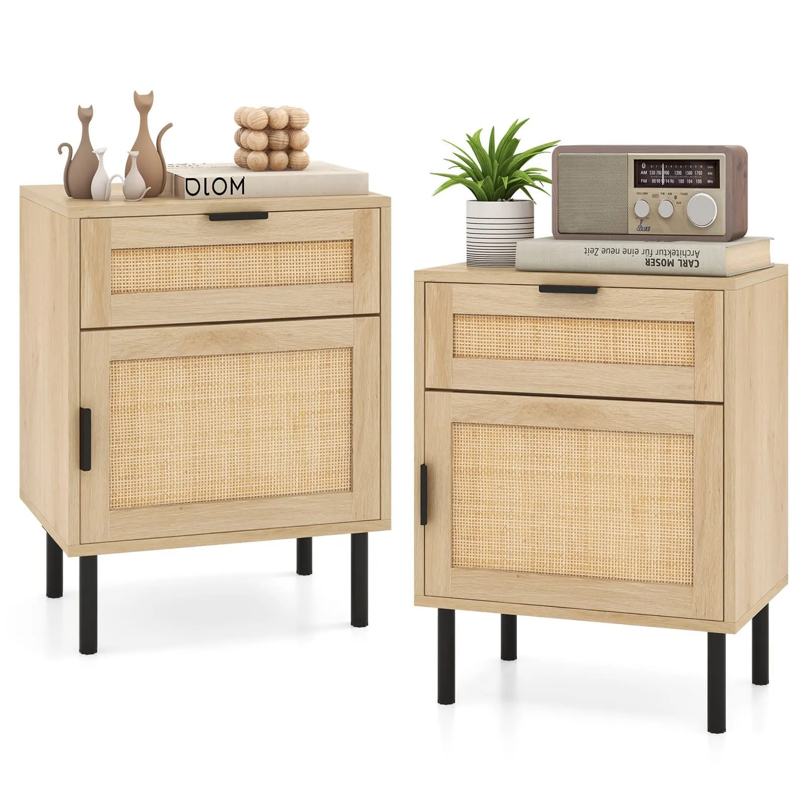 2 Pack Rattan Nightstand Mid Century Modern End Table With Drawers