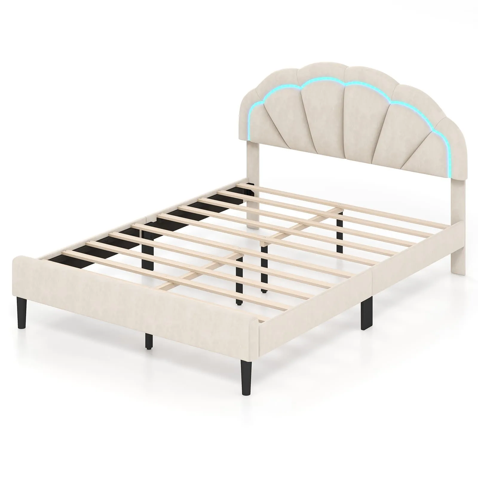 King Upholstered LED Bed Frame Platform Bed Adjustable Petal Headboard
