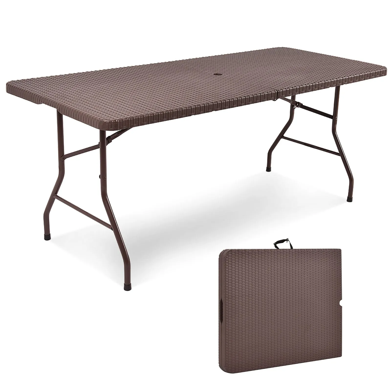 Folding Picnic Table 182 CM Rattan Camping Table With Umbrella Hole