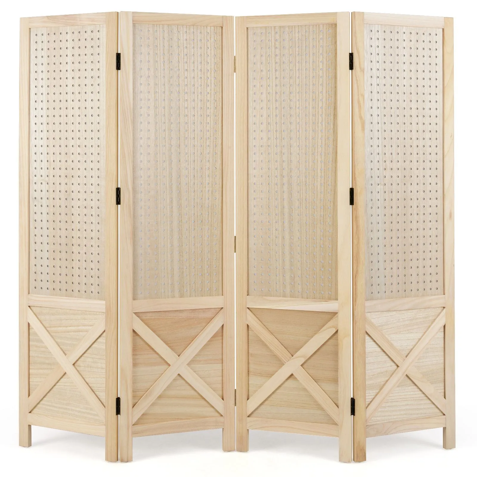 4-Panel Pegboard Room Divider 144 cm Privacy Screen With Wood Frame