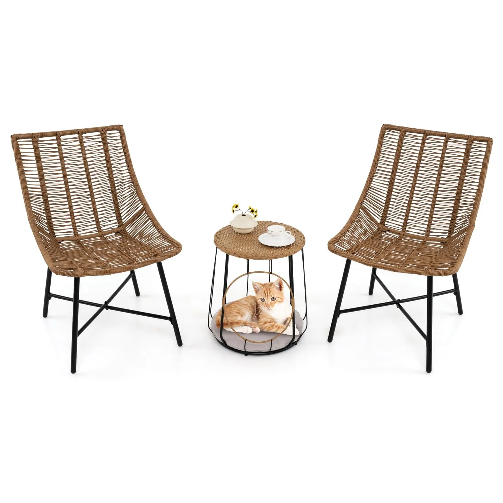 3 Piece Outdoor Furniture Set Heavy Duty Patio Chairs With Pet House-Brown