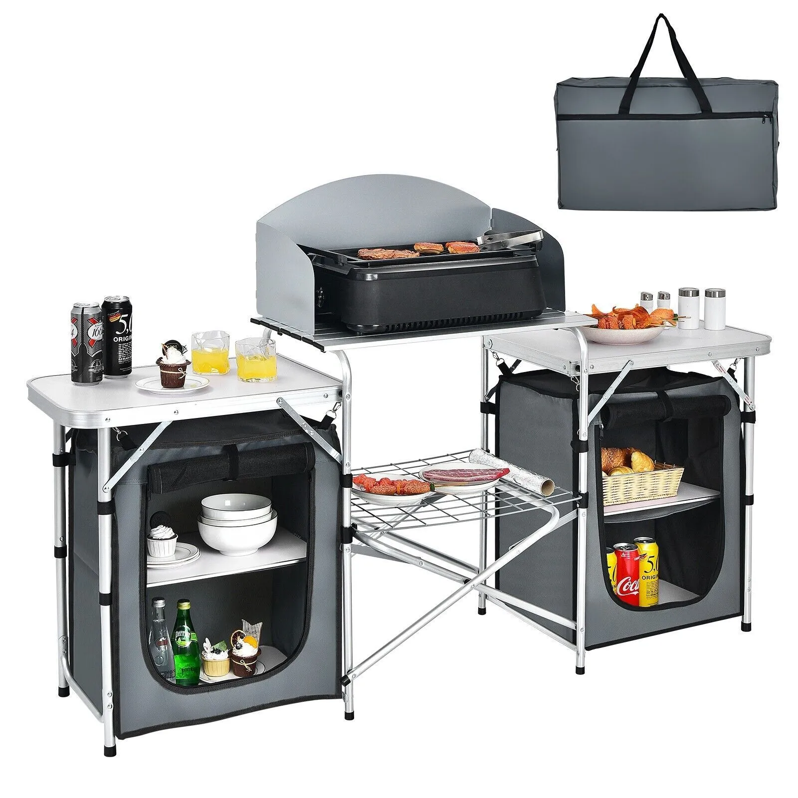 2 in 1 Folding Table Camping Kitchen Storage Aluminium Stand Table Cooking BBQ