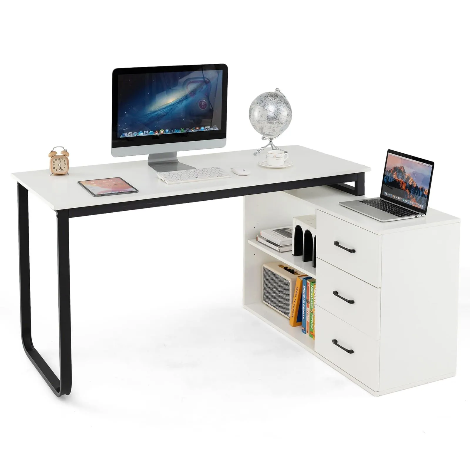 L-Shaped Computer Desk Corner Executive Desk With 3 Drawers-White