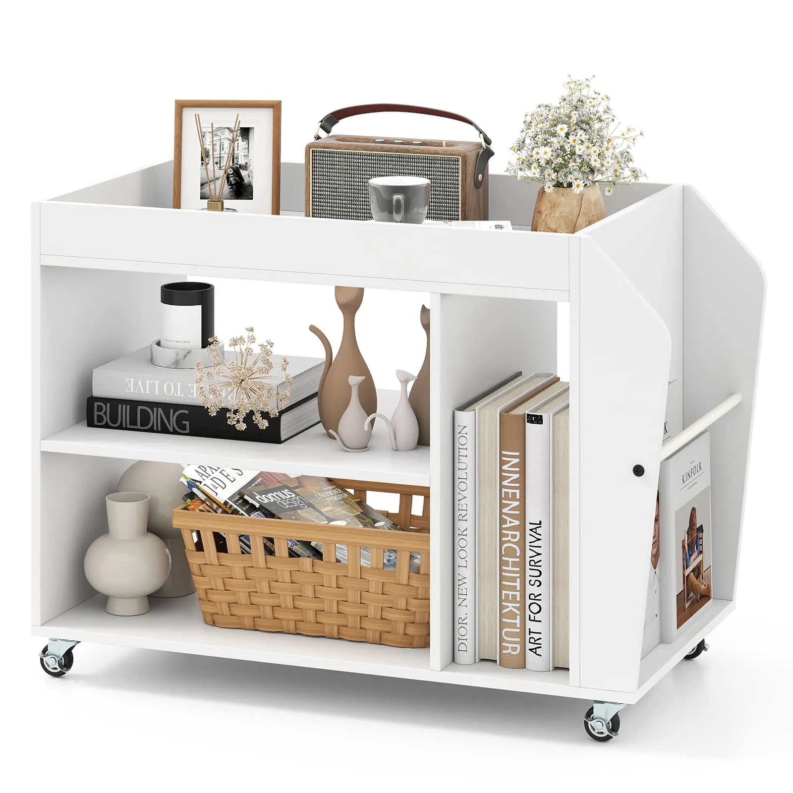 Side Table 3-Tier Bookshelf Rolling Nightstand Kitchen Trolley-White