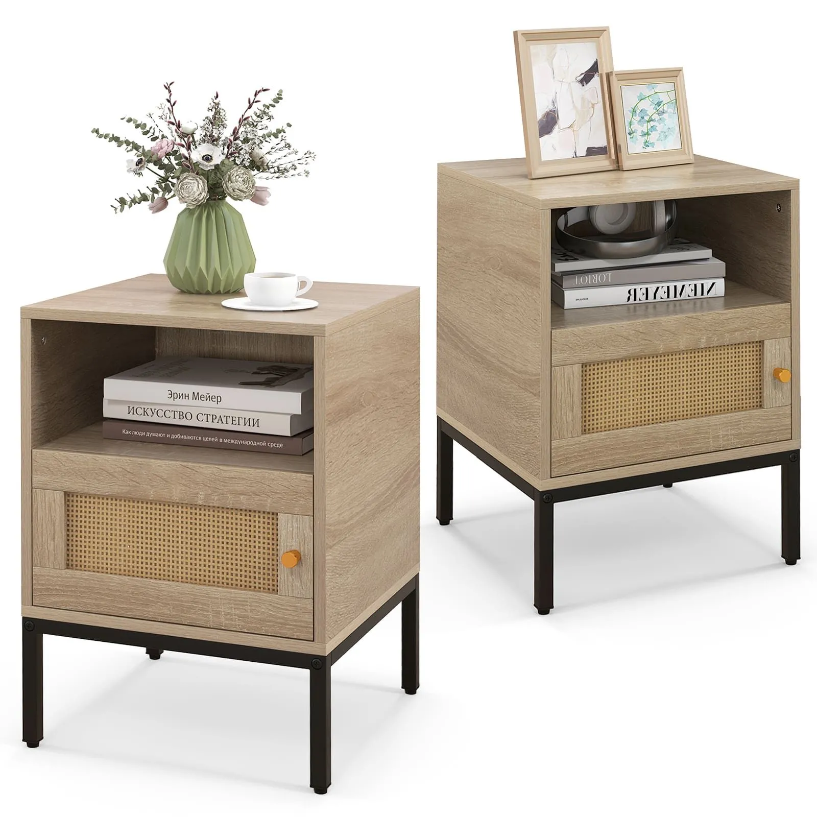 Nightstand Set of 2 Home Boho Style Accent Table with Storage-Natural