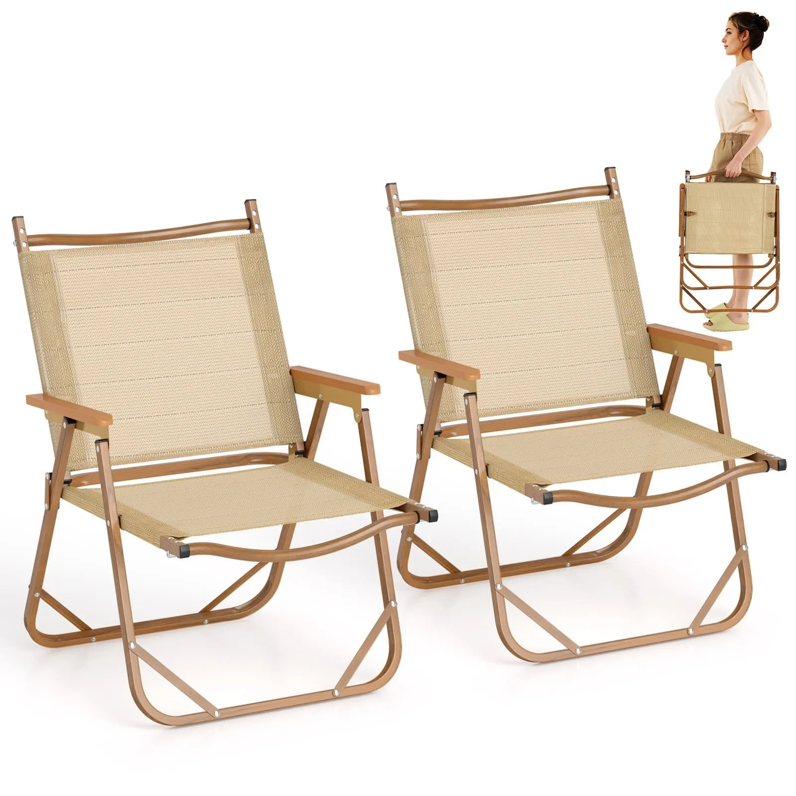 Folding Camp Chairs Set of 2 Outdoor Lightweight Beach Chairs-Beige