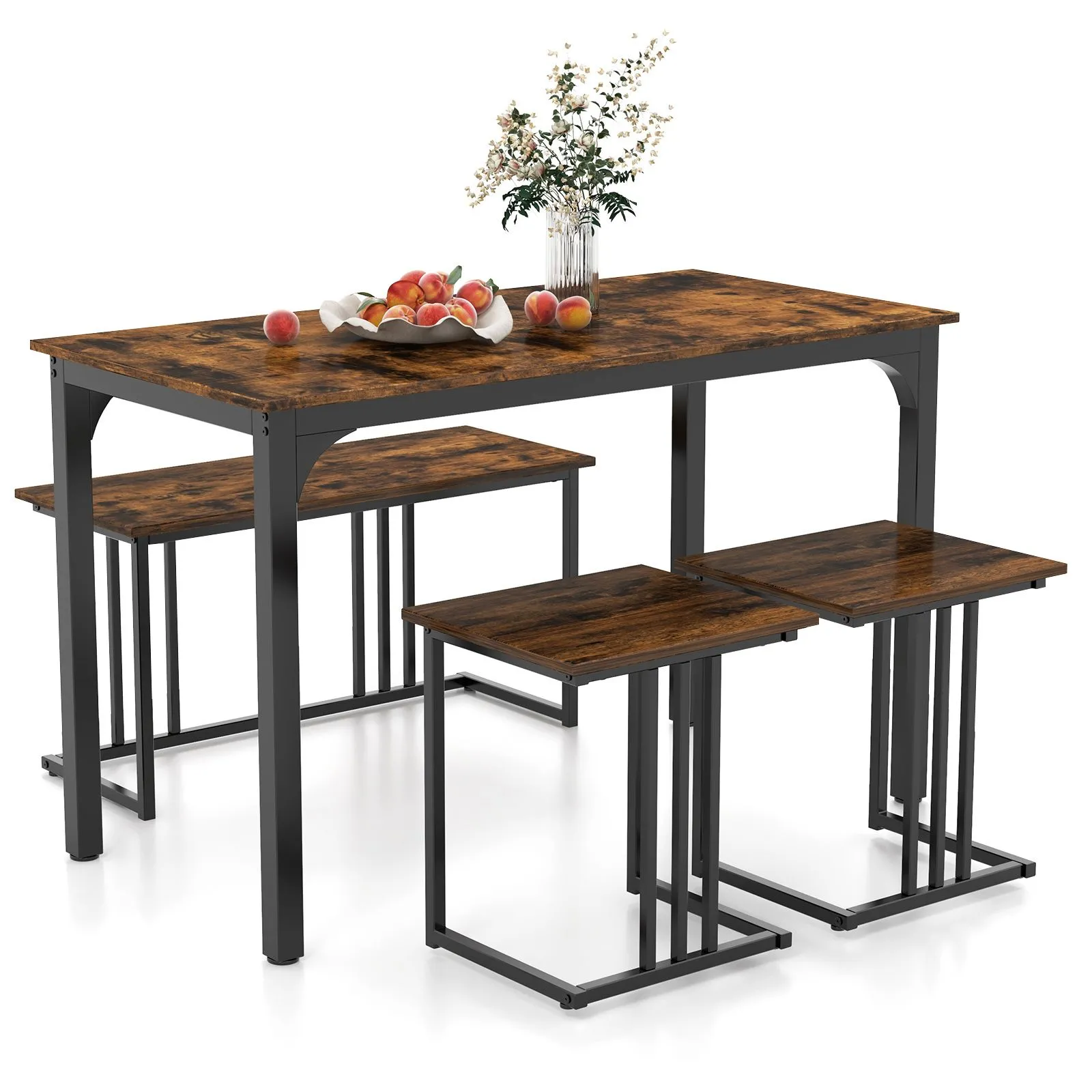 4-Piece Dining Table Set 2 Stools & Bench Kitchen Industrial Furniture Set