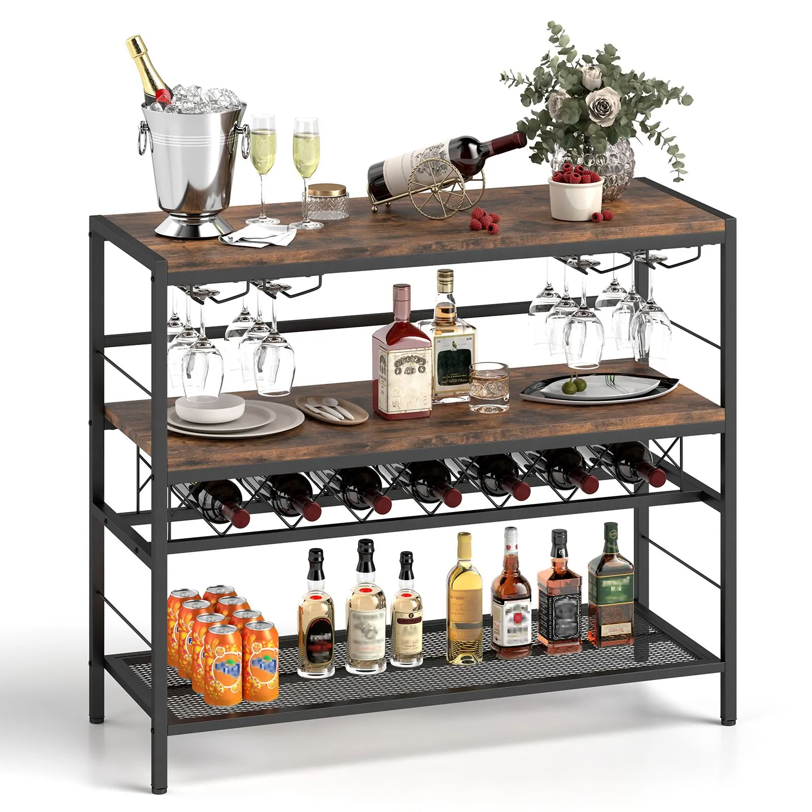 Industrial Wine Rack Freestanding Wine Bar Table With 4 Glass Holders