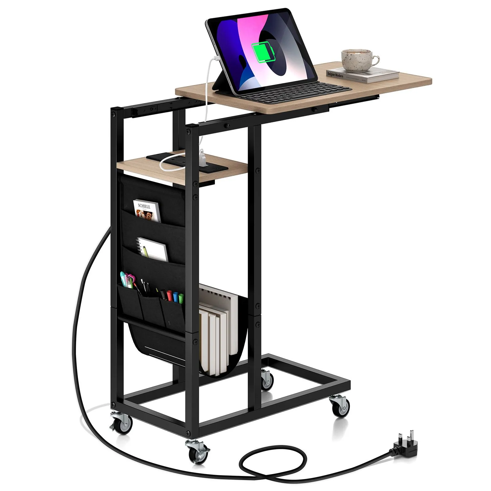 Retractable End Table Rolling Bedside Table With Charging Station Pocket