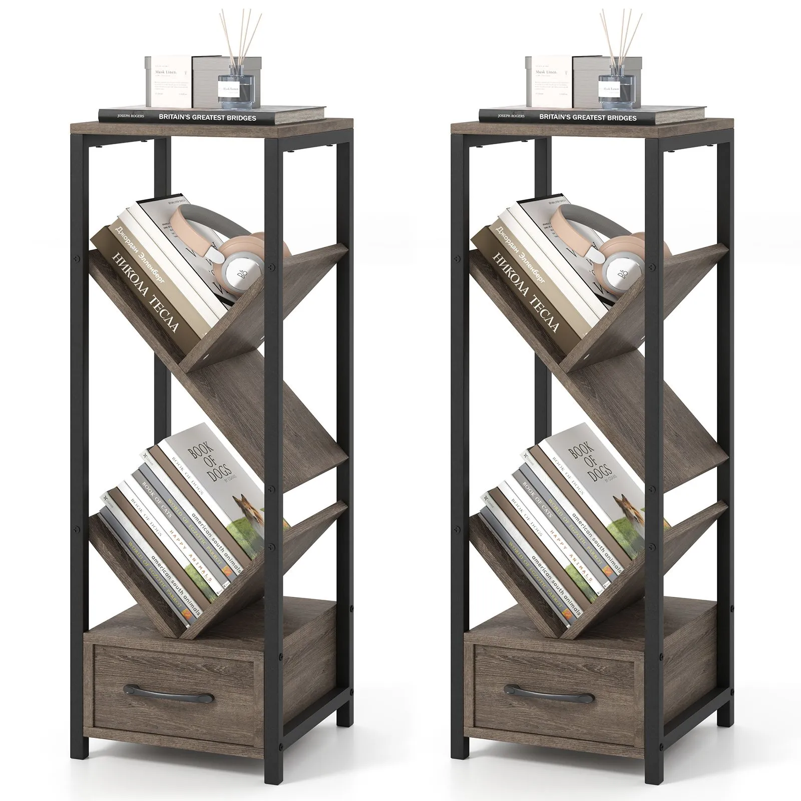 2 PCS Tree Bookshelf 4 Tier Narrow Bookcase With Drawer Floor Organizer
