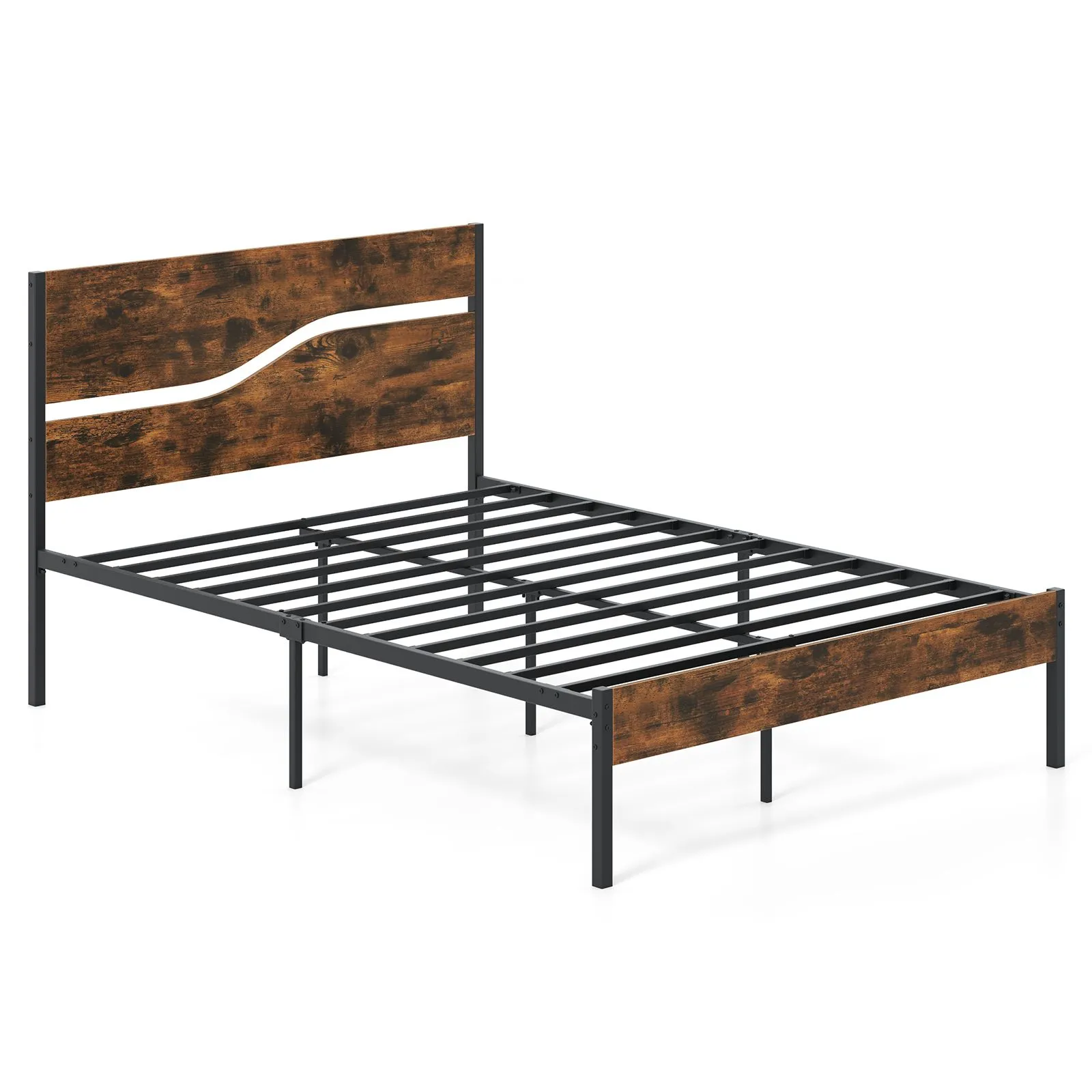 Double Bed Metal Frame Industrial Platform Bed With Wooden Headboard