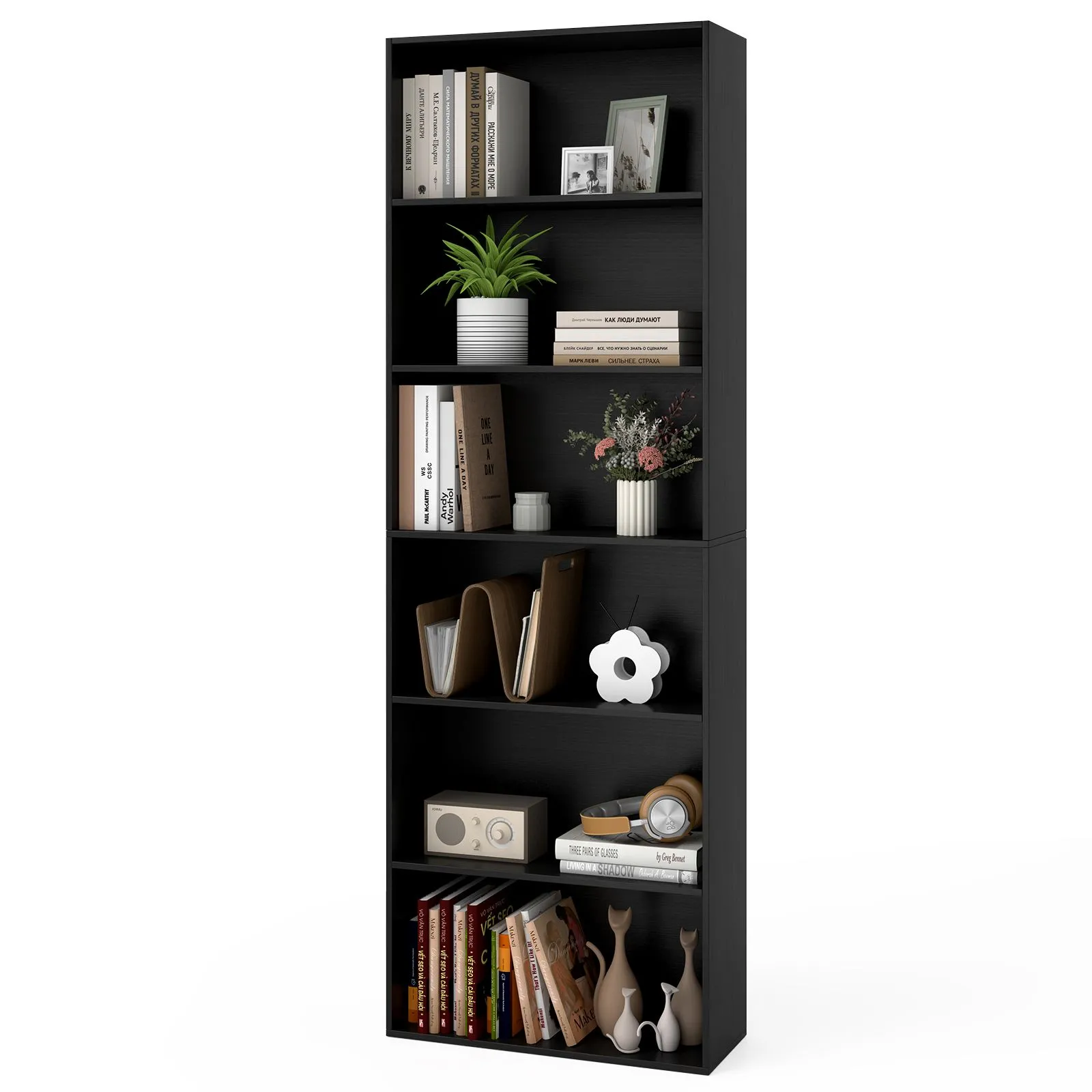 6-Tier Open Bookcase 178cm Tall Freestanding Display Organizer-Black
