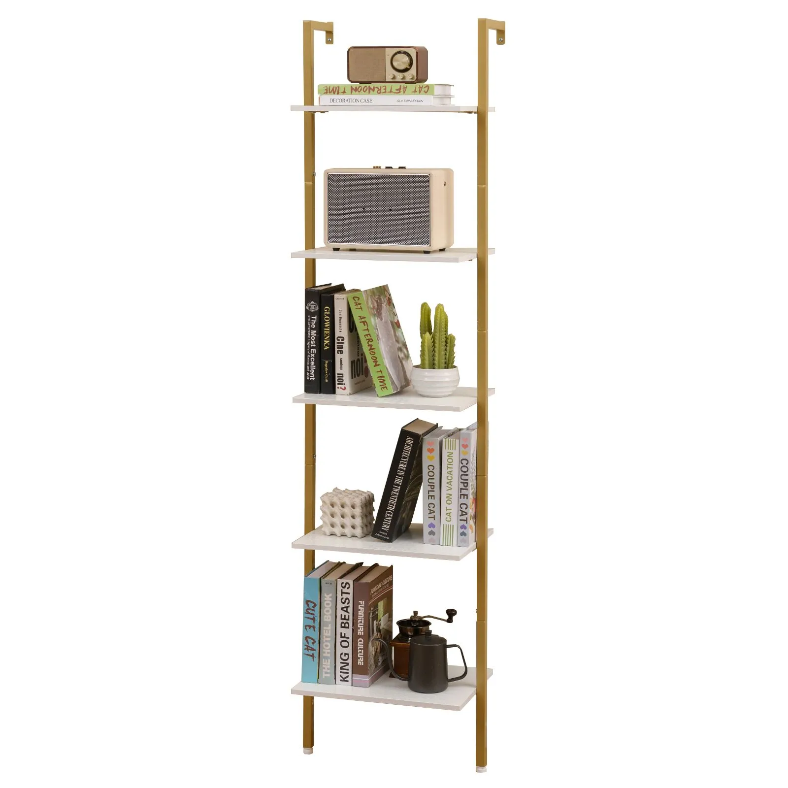 5-Tier Ladder Shelf Wall Mounted Bookshelf with Anti-Tipping Kits