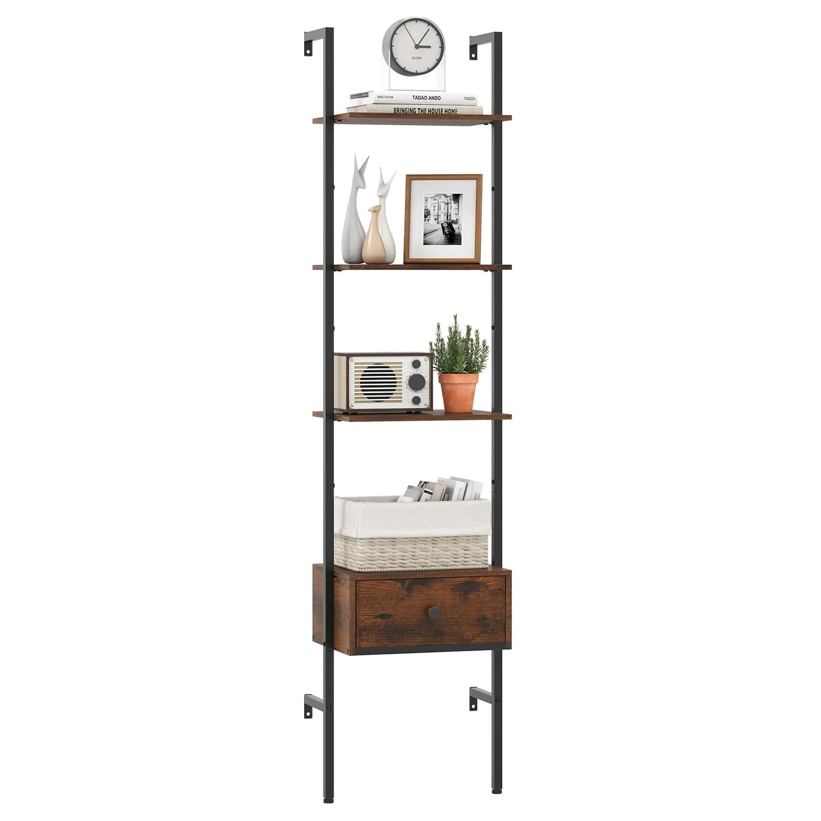 5-Tier Ladder Bookcase 178cm Tall Wall-Mounted Shelves With Drawer