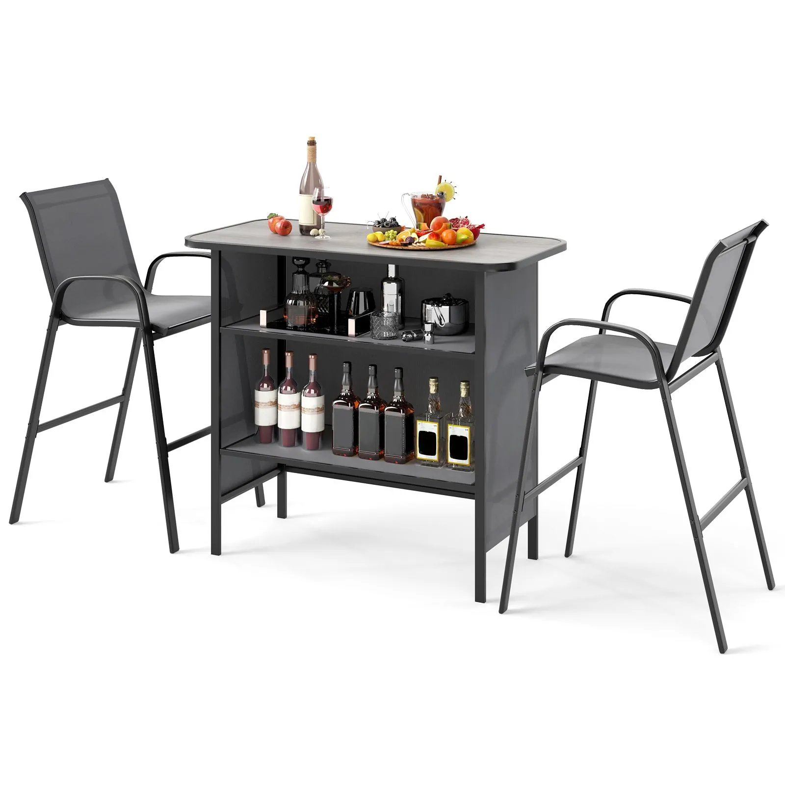 3-Piece Outdoor Bar Set Bar Table And Patio Chairs With 2-Tier Shelf