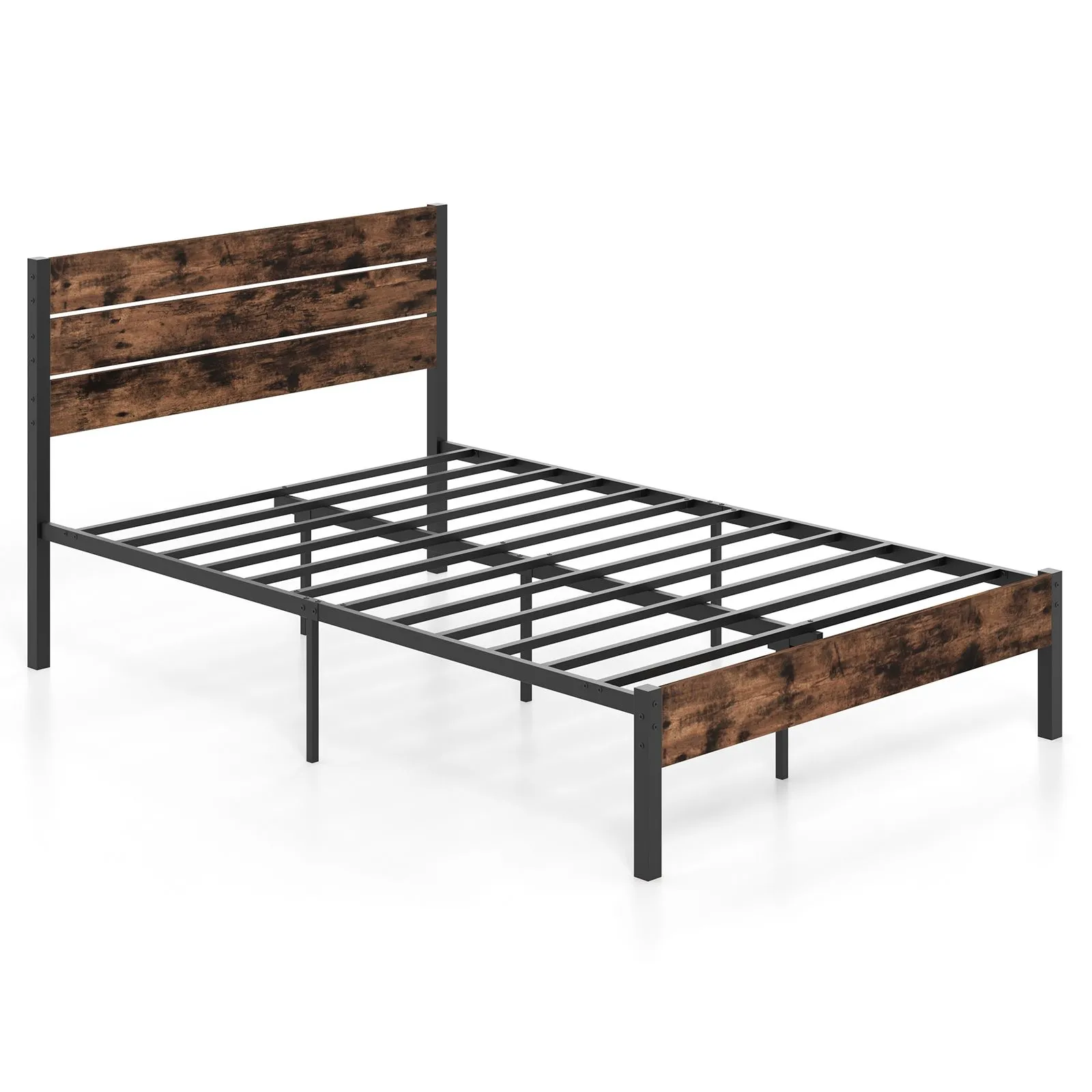 Double Size Bed Frame Metal Platform Bed with High Headboard-Brown