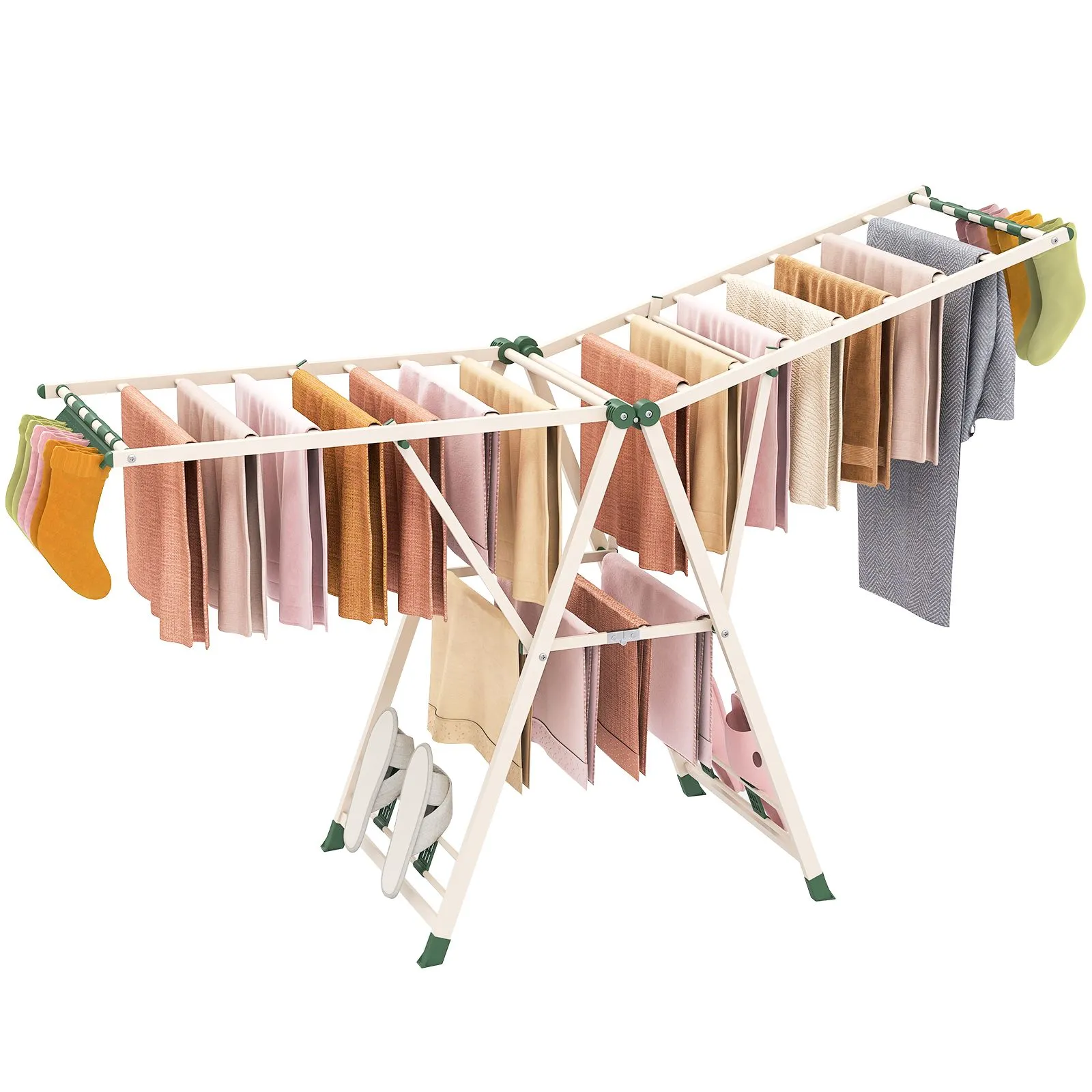 Folding Metal Laundry Drying Rack With 20 Drying Rails Shoe Rack-Beige
