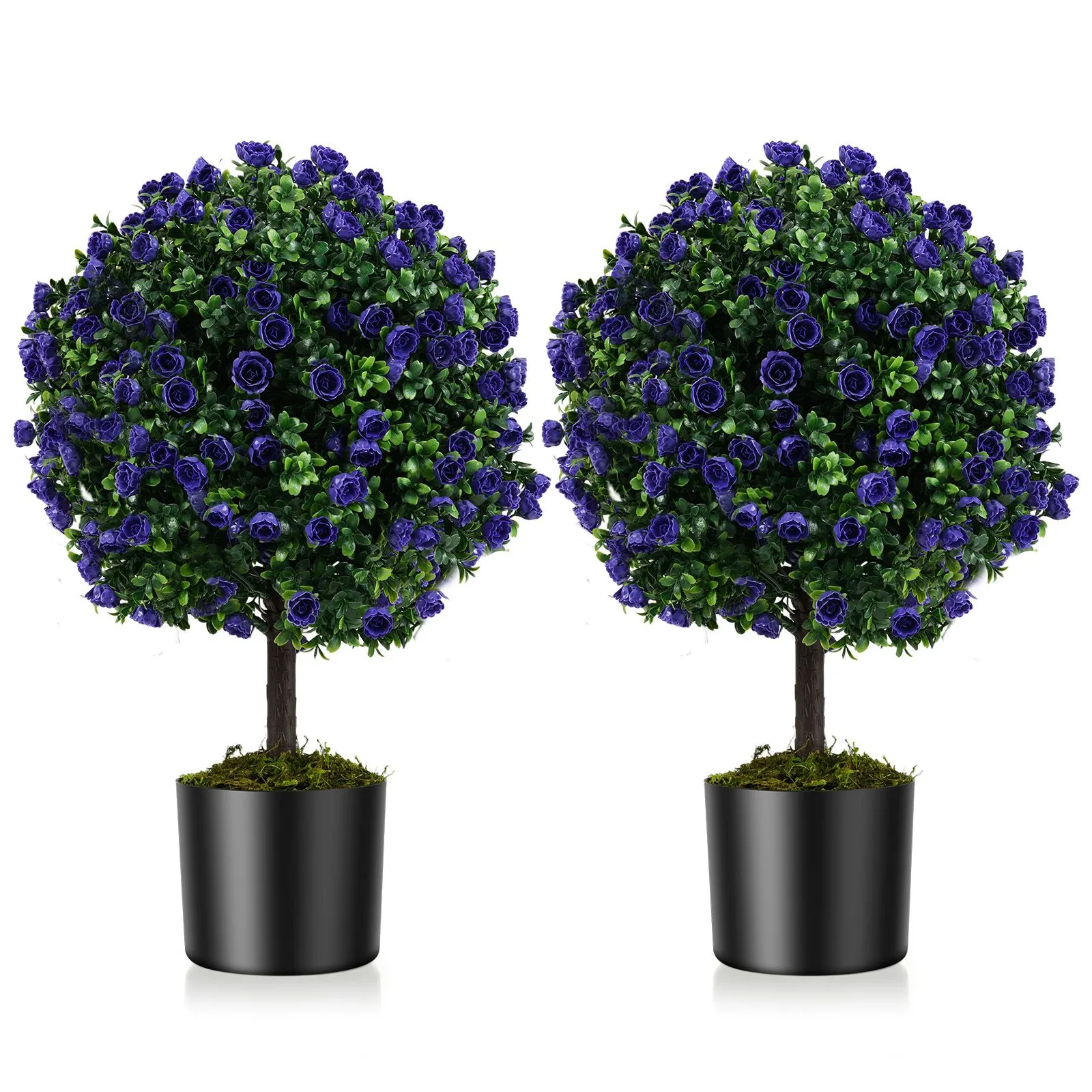 Set of 2 Artificial Purple Rose Topiary Ball Trees With Cement-Filled Pot