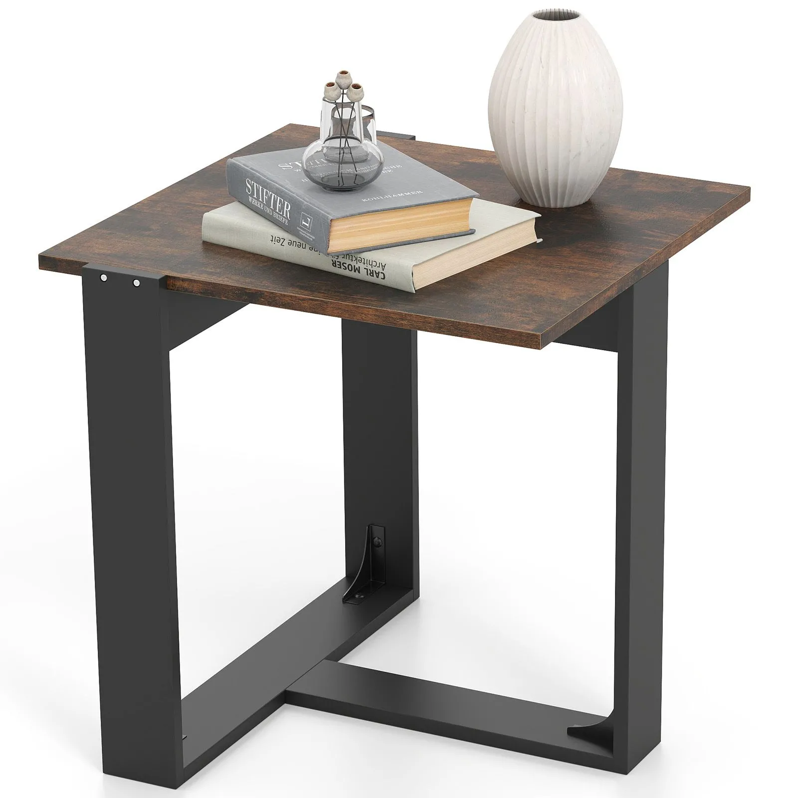 Square Side Table Industrial Nightstand With T-Shaped Metal Base