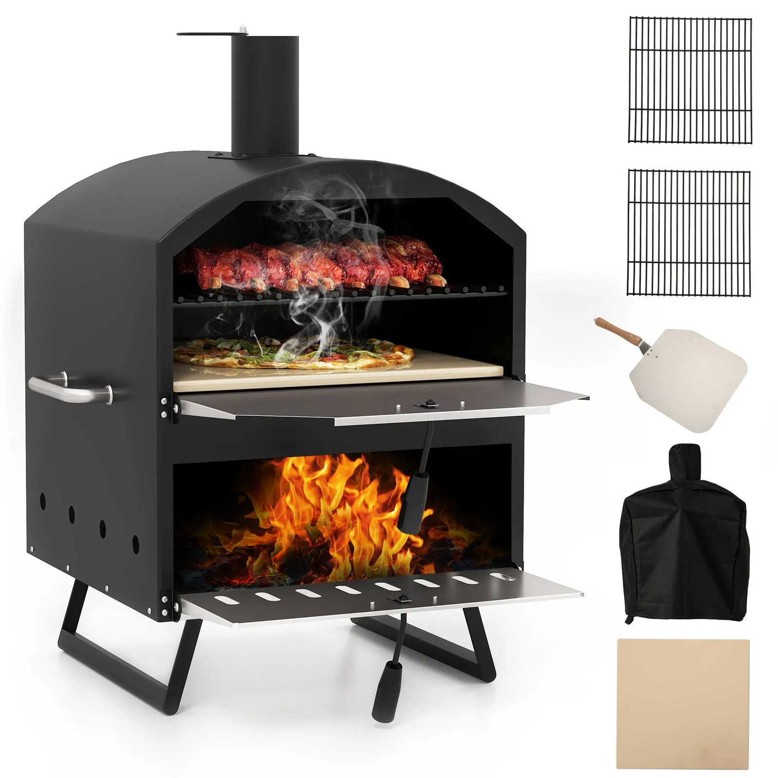 Outdoor 60cm Wood Fired Pizza Oven 2-Layer Pizza Maker-Black