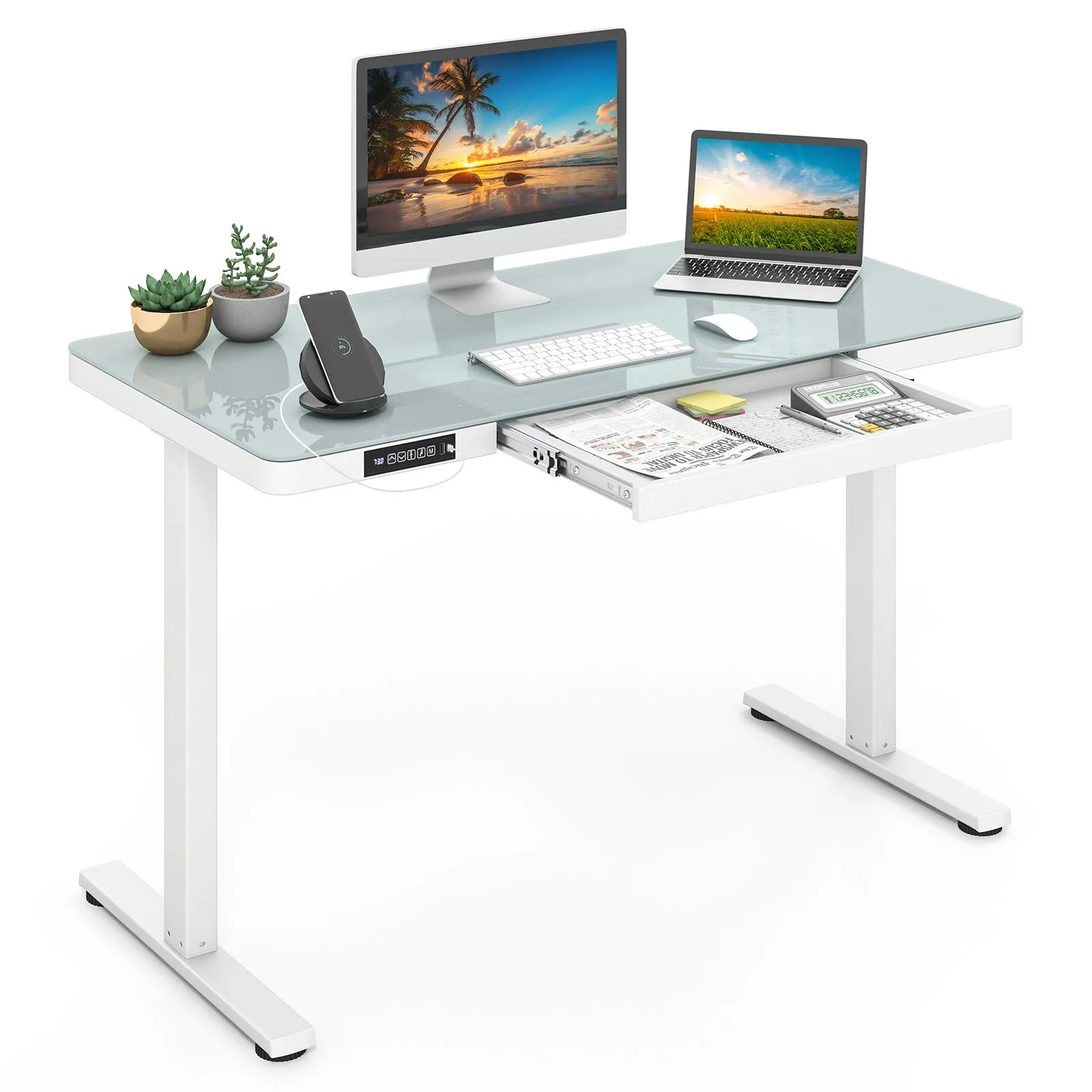120x60CM Whole-Piece Glass Standing Desk Adjustable Desk-White