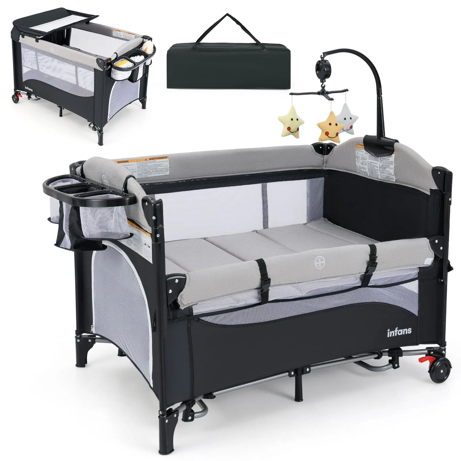 6-in-1 Bassinet Travel Cot Folding Portable Playpen Play Yard-Grey