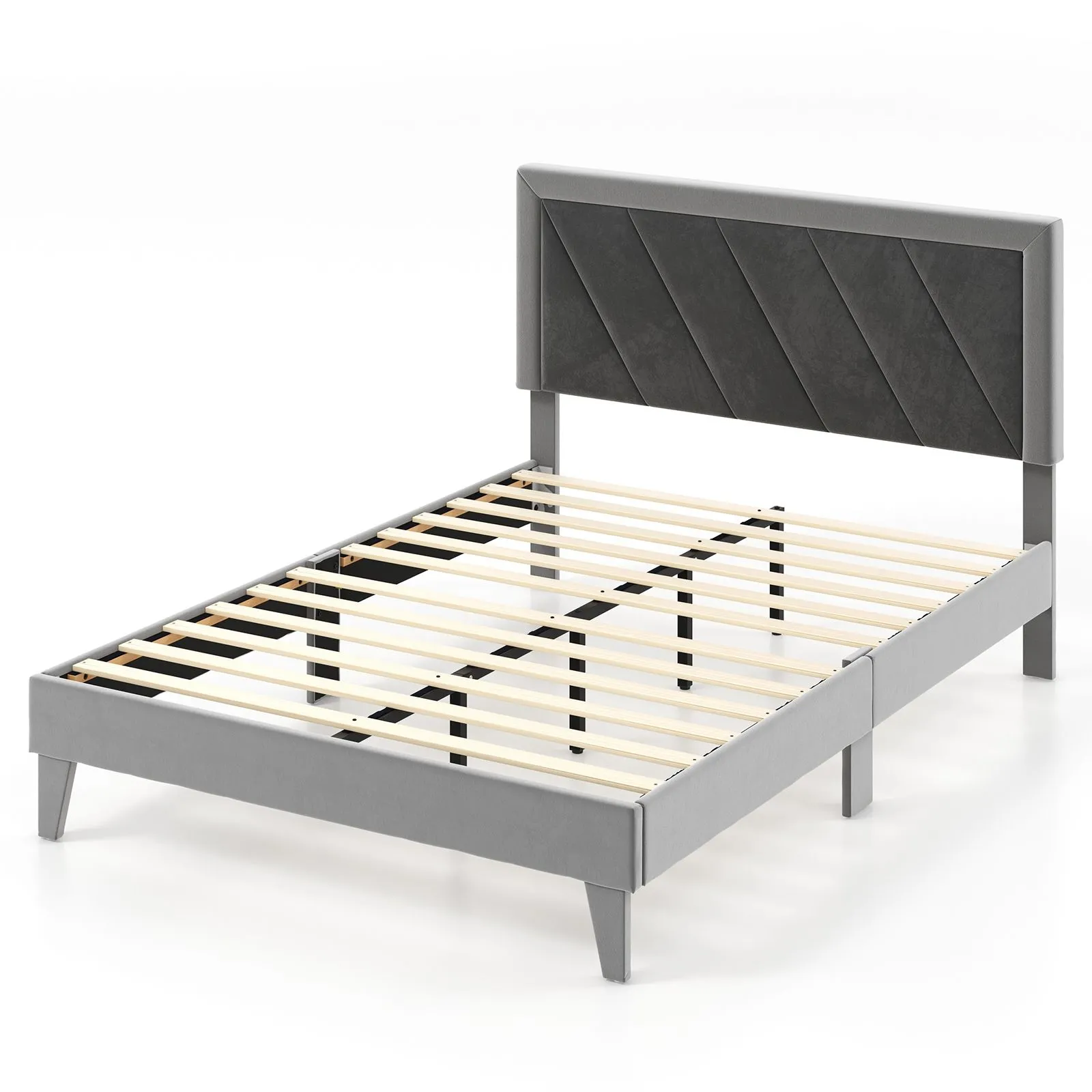 Double Platform Bed Velvet Upholstered Bed Frame Base High Headboard