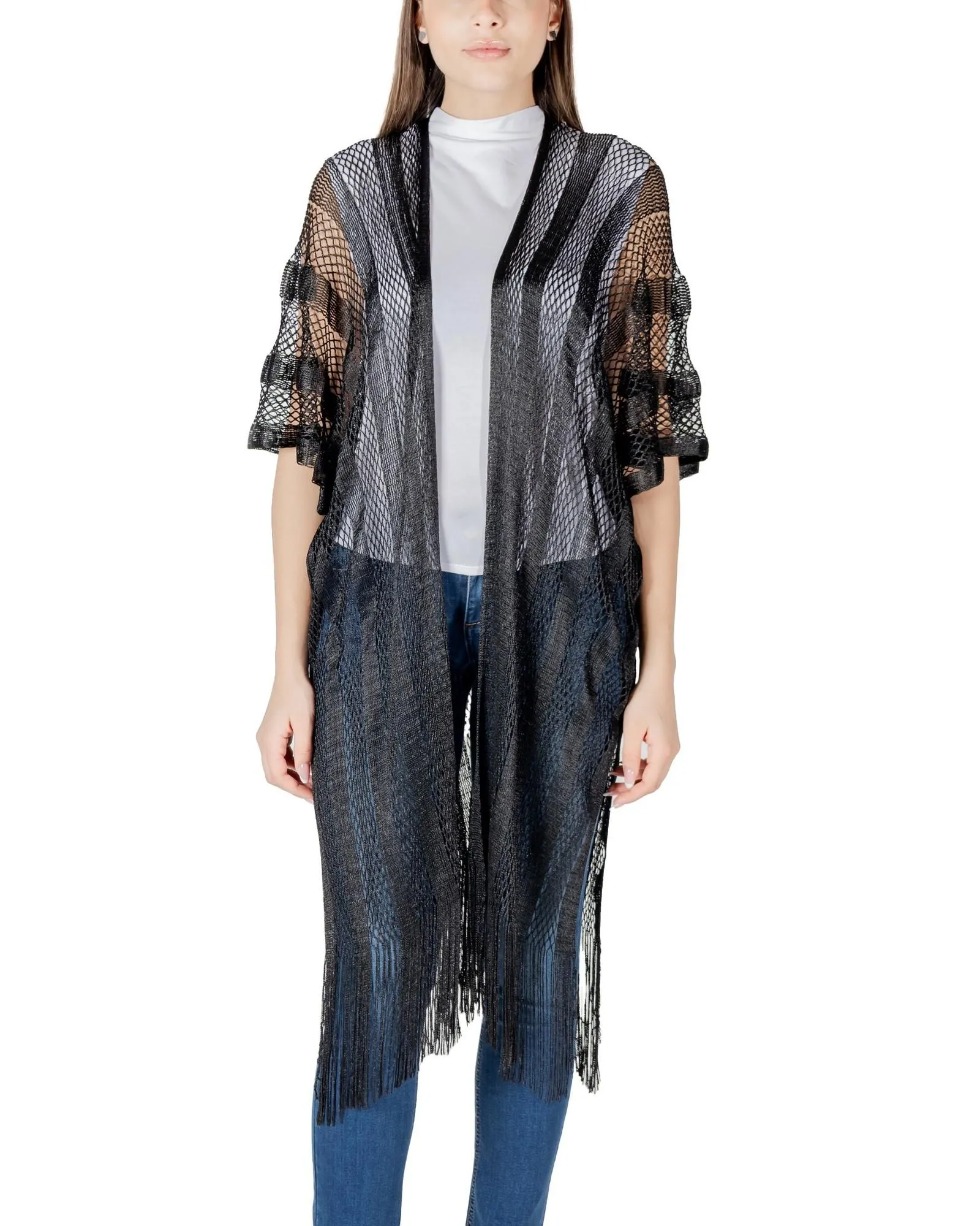 OpenFront Knit Cardigan with Fringe- Black Sweaters