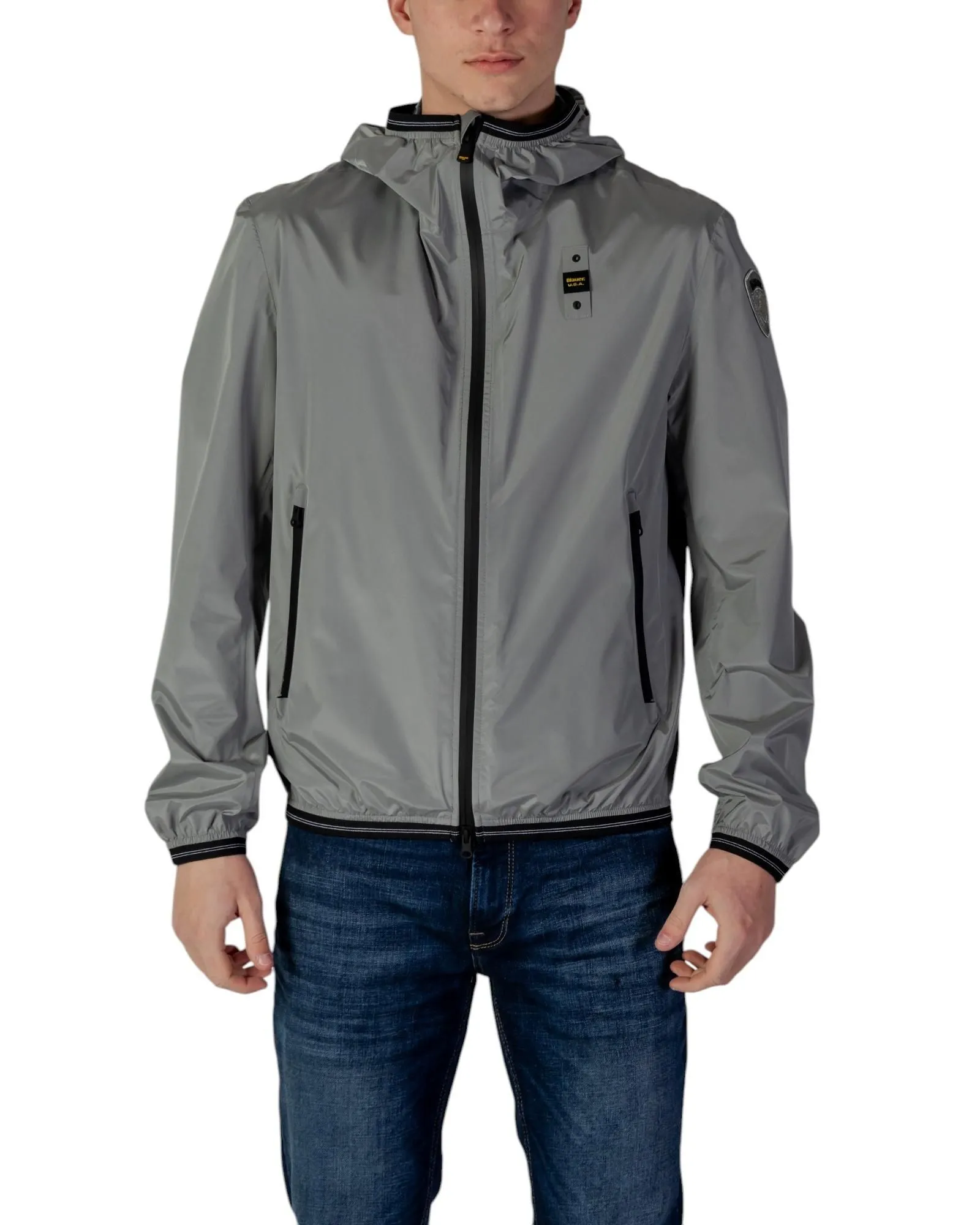 Hooded Zip-Up Jacket with Front Pockets- Grey Blazer