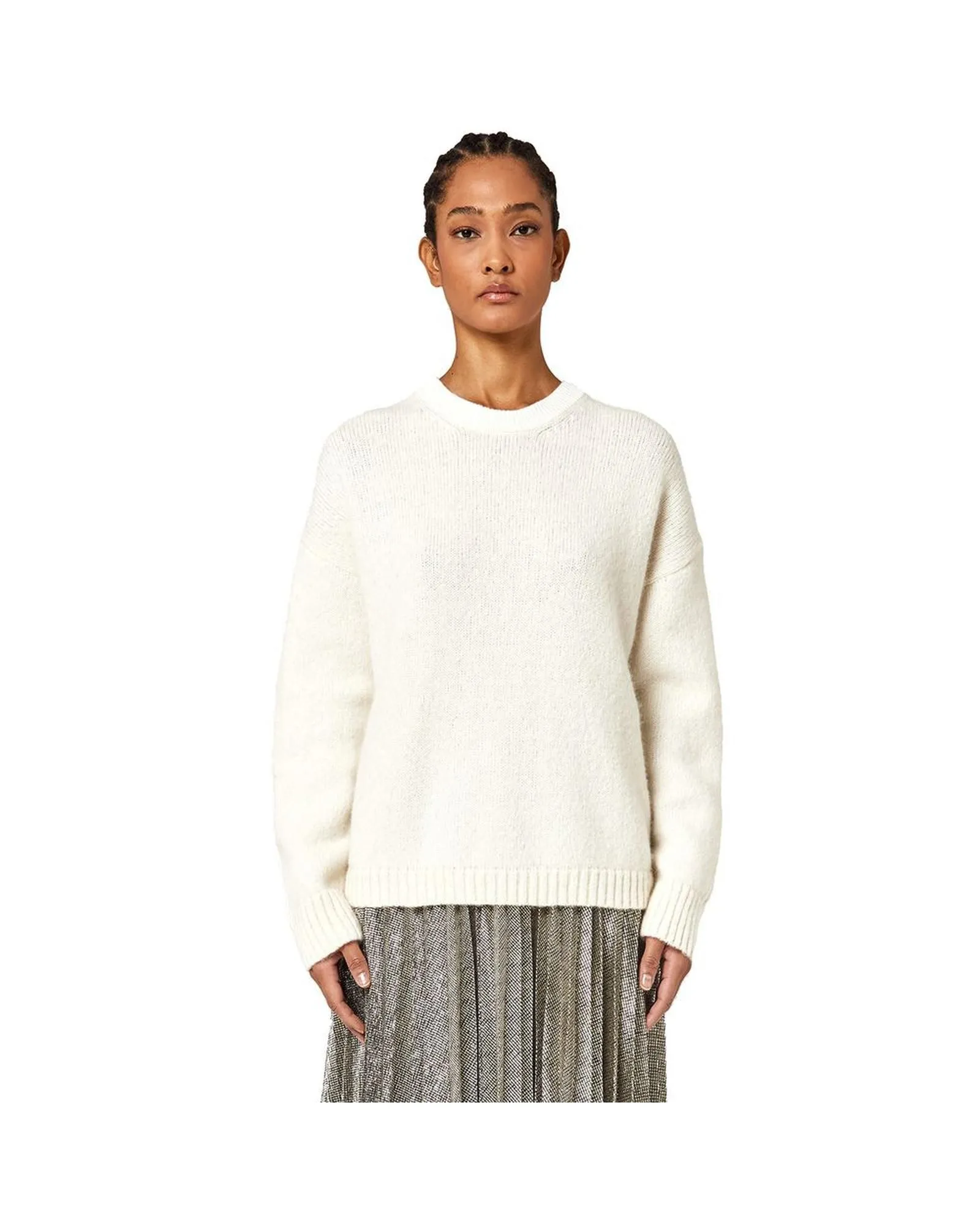 Crew Neck Knitted Sweater- White