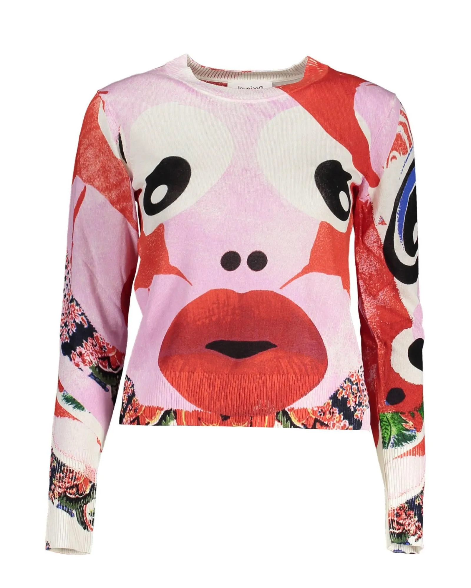 Abstract Face Knit Pullover Sweater- Pink