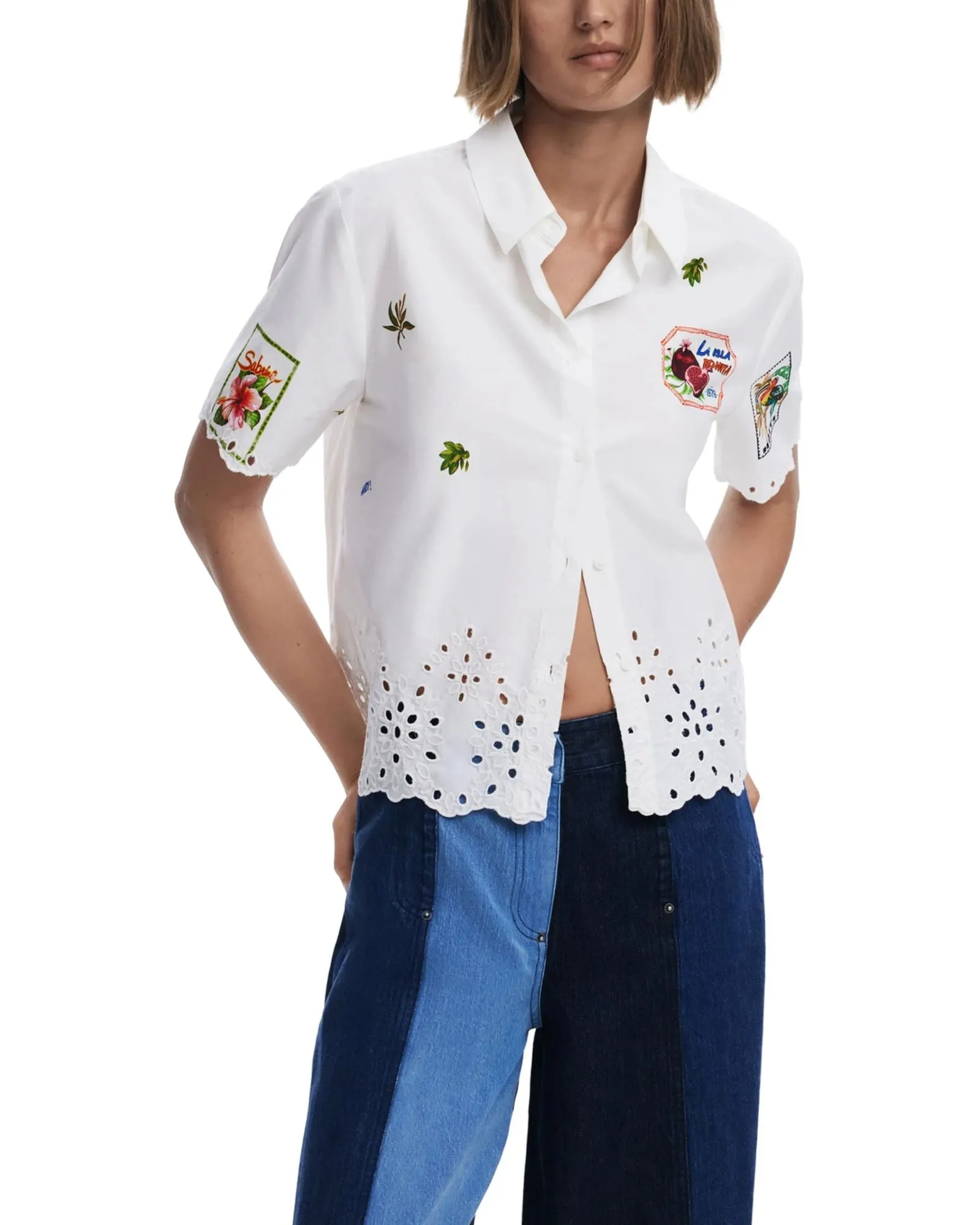 Eyelet Trim Embroidered Shirt- White