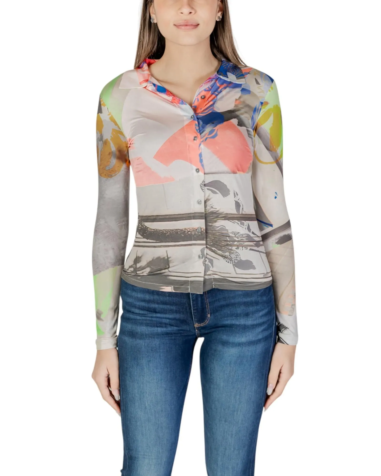 Printed Mesh Long Sleeve Shirt- Pink