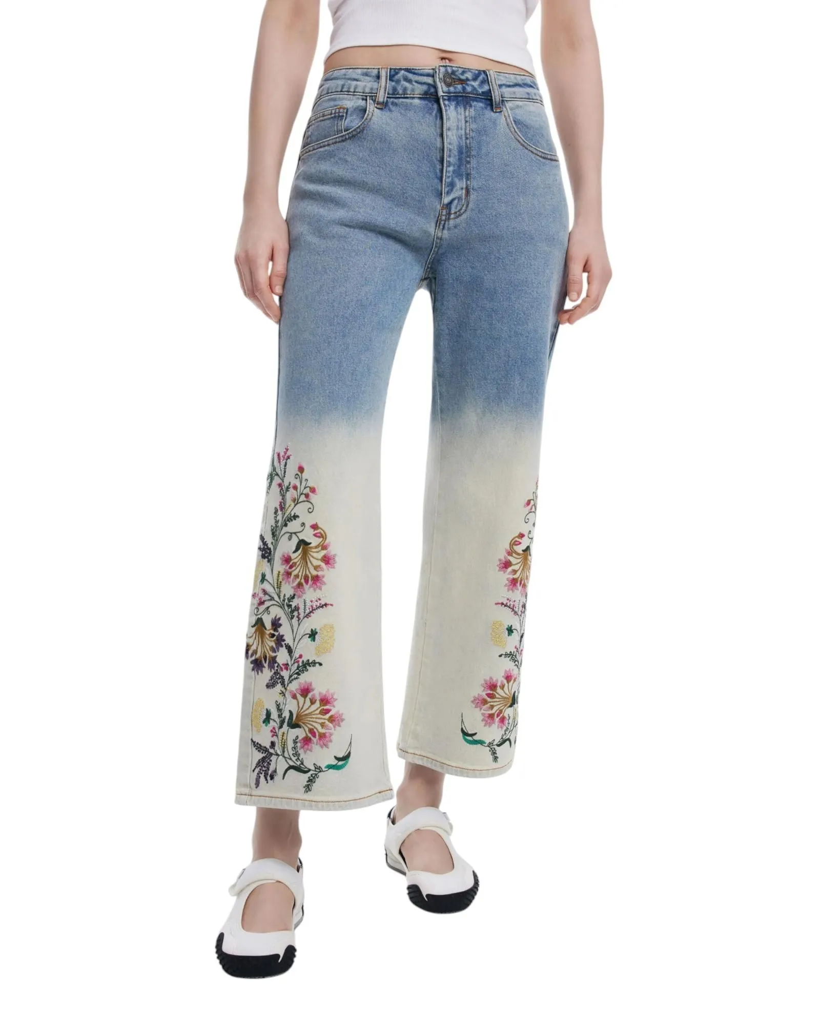 Wide Leg JeansFloral Embroidery Wo - Blue