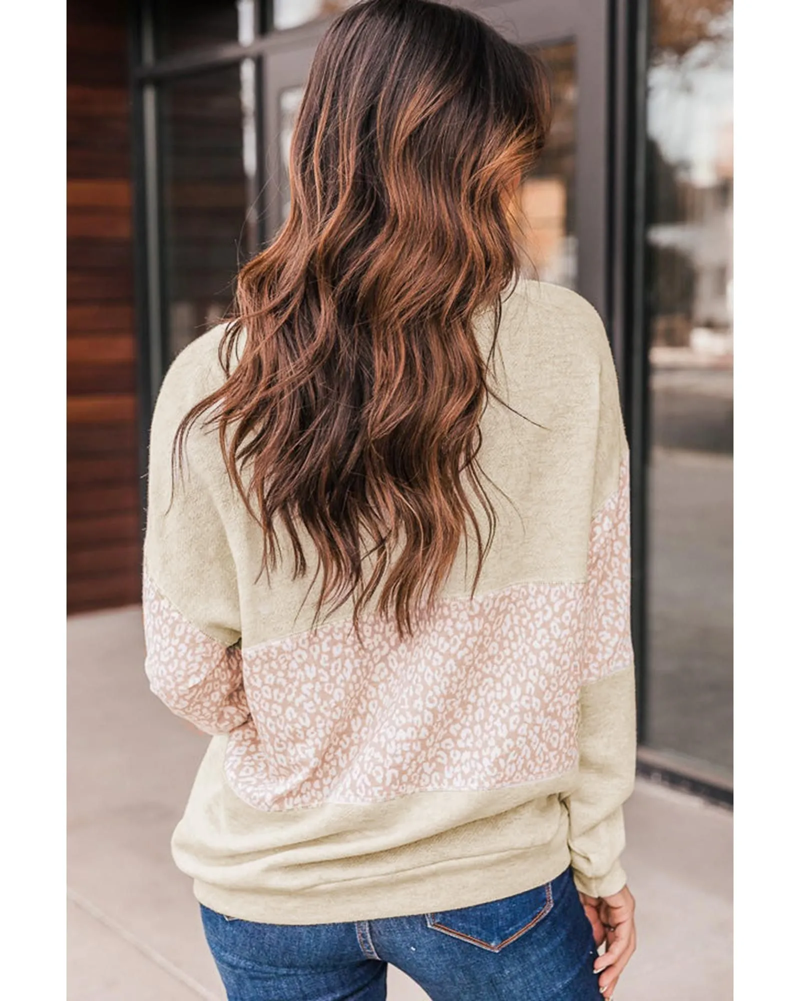 White Oatmeal Colorblock Animal Print Pullover