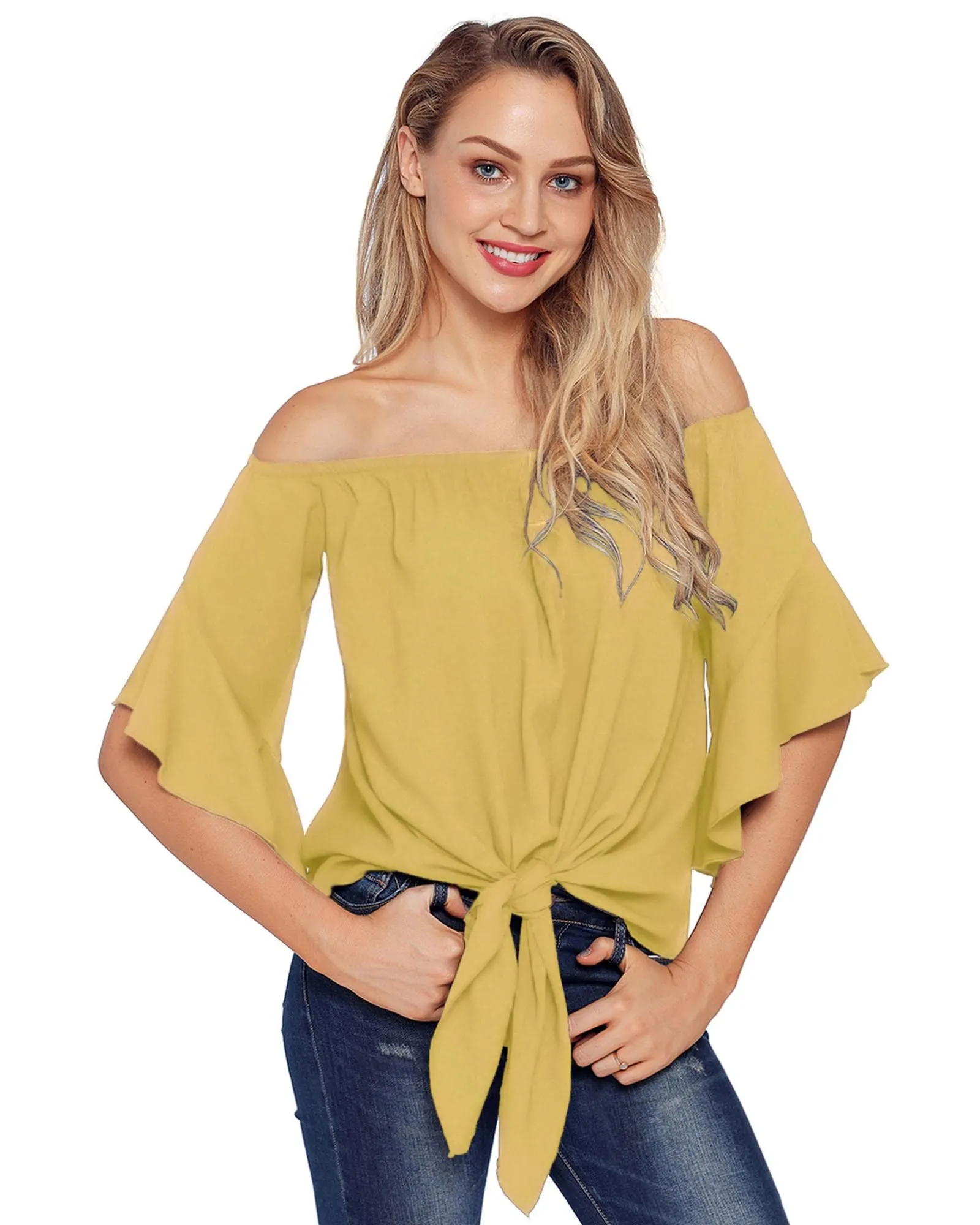 Yellow Off The Shoulder Knot Front Top Shirts