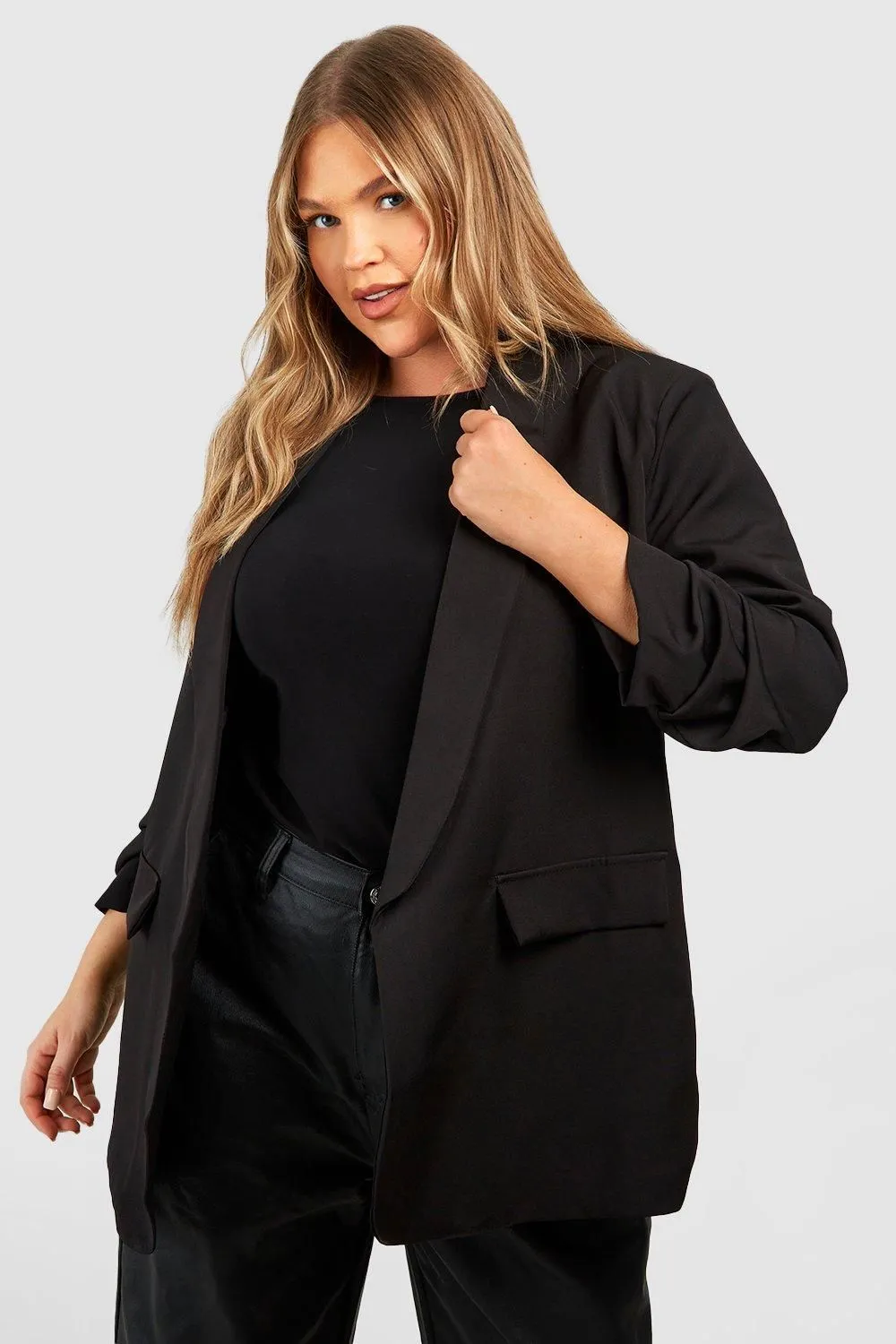 Plus Ruched Sleeve Lapel Detail Blazer